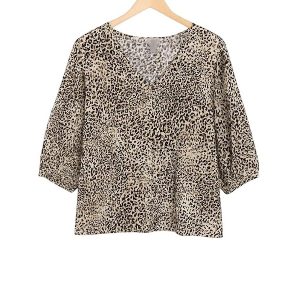 Chico's‎ Leopard Print Jacquard V-Neck Button Front Blouse Tan Black Size 2 L